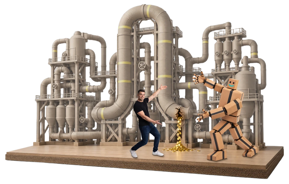 Walter Stephani und sein Kartonroboter zeigen gemeinsam auf ein Geldleck in einer großen PPC-Maschine aus Karton.